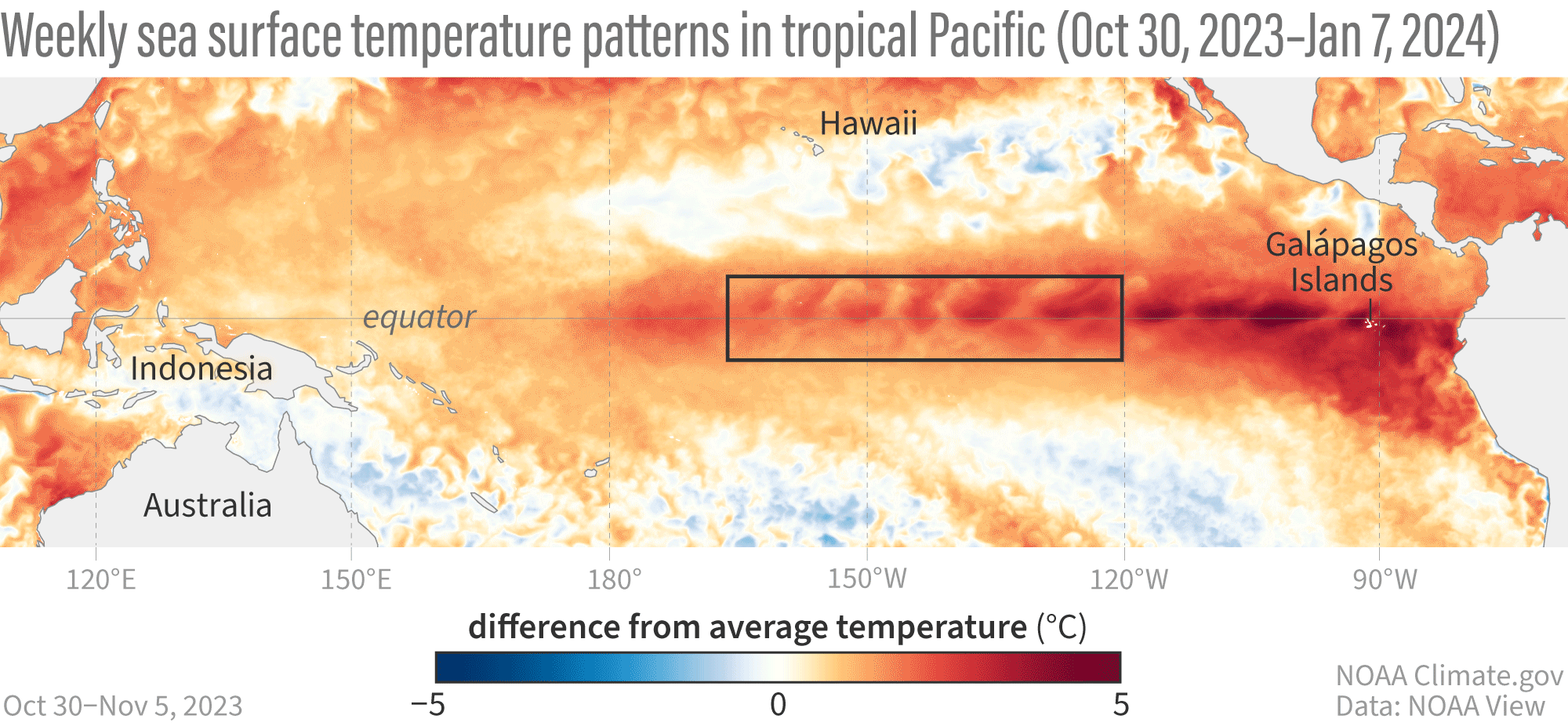 map showing sea surface temperature in Pacific