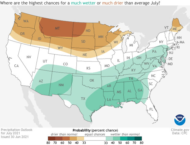 US map of the July 2021 temperature outlook