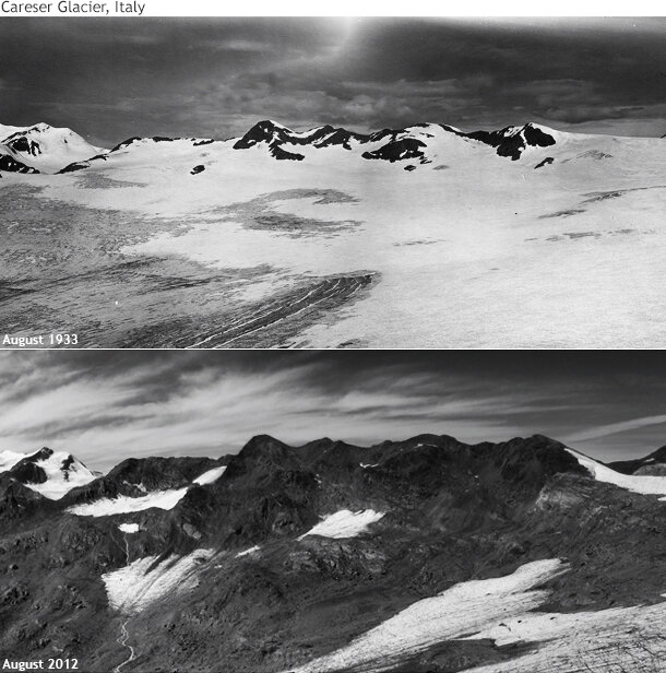 Photos documenting the disintegration of Italy’s Careser Glacier between 1933 (top) and 2012 (bottom).