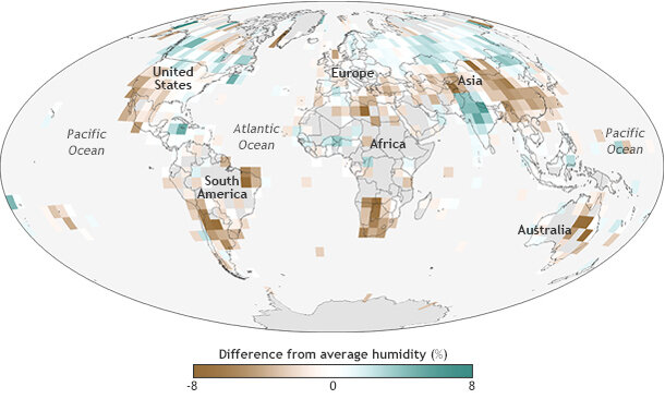 Global map of relative humidity over land in 2013 compared to the 1981 to 2010 average