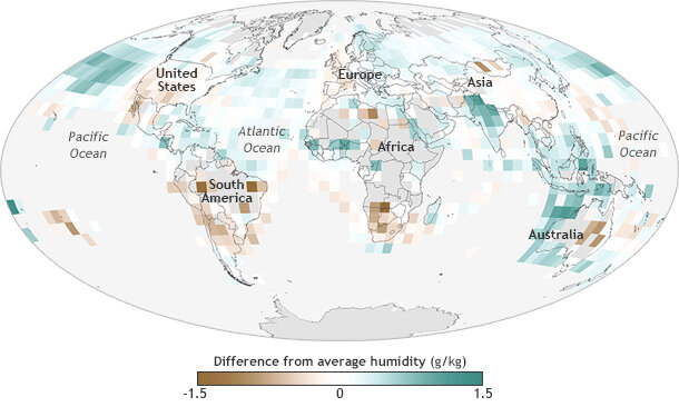 Global map of specific humidity in 2013 compared to the 1981 to 2010 average. 