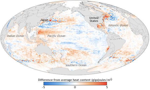 Global map of heat in the top 700m of the ocean in 2013 compared to the 1991 to 2013 average.