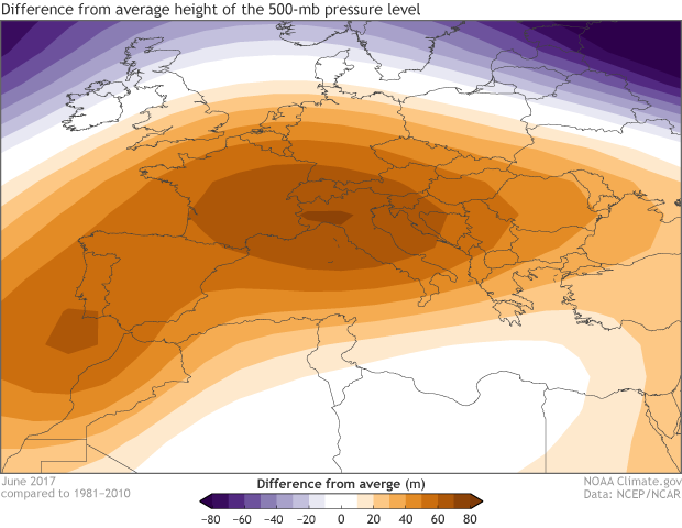 Map showing 500mb height anomalies during June 2017 across Europe