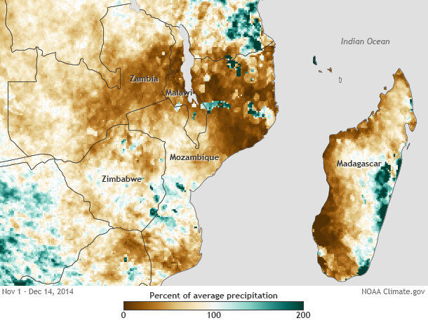 Map showing percent of normal rainfall for southern Africa from November 1–December 14, 2014 for Southern Africa