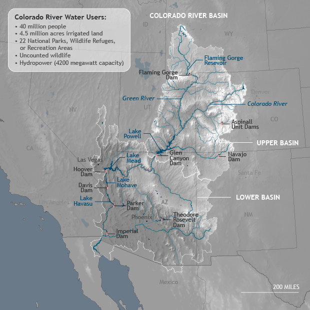 Map of Colorado River watershed showing extent of infrastructure and numbers of people who depend upon it