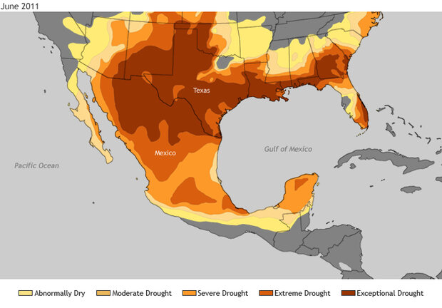 Map of levels of drought across the southern US and Mexico in June 2011.