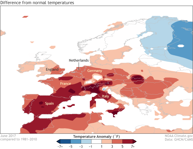 Map showing June 2017 temperature anomalies across Europe