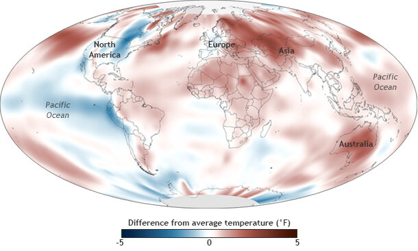 Global map of surface temperatures in 2013 compared to the 1981 to 2010 average.