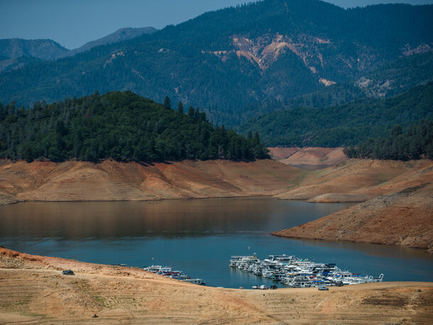 Photo showing a large gap between treeline and the water level in California's Shasta Lake on August 25, 2014.  Photo credit: California Department of Water Resources.