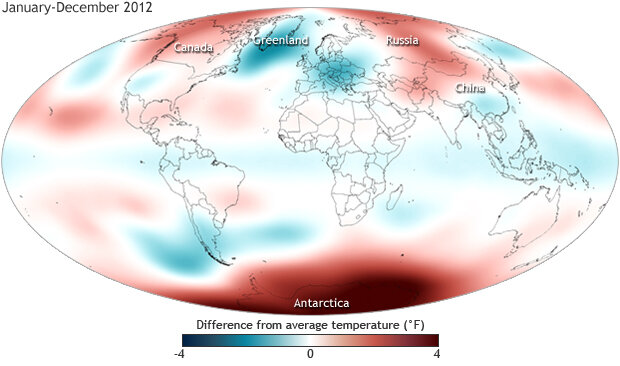 Map of 2012 global annual average temperatures compared to the long-term average.