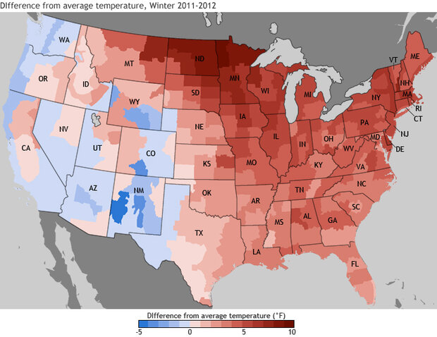 U.S. map of temperature anomalies in winter 2011-12