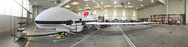 Picture of the unmanned drone the Global Hawk, which has the ability to travel for 24 hours at a time without refueling.