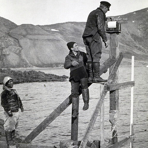 a Coast and Geodetic Survey officer checking tide gauge