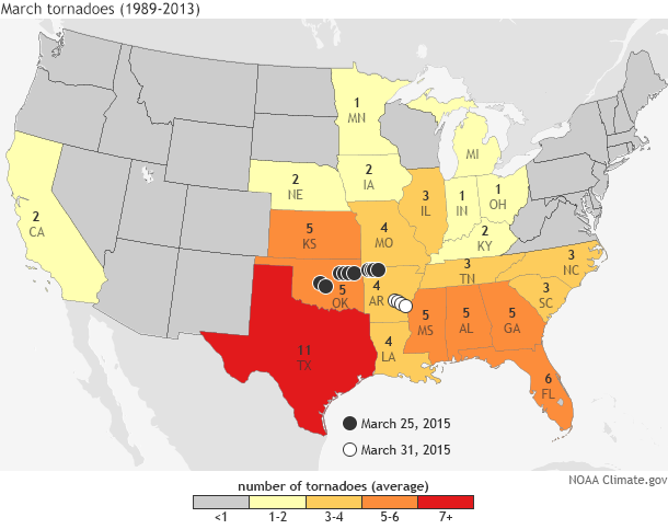 CONUS map showing preliminary tornado reports from the Storm Prediction Center (SPC) for March 2015 (circles) overlaid on top of the average number of March tornadoes from 1989-2013