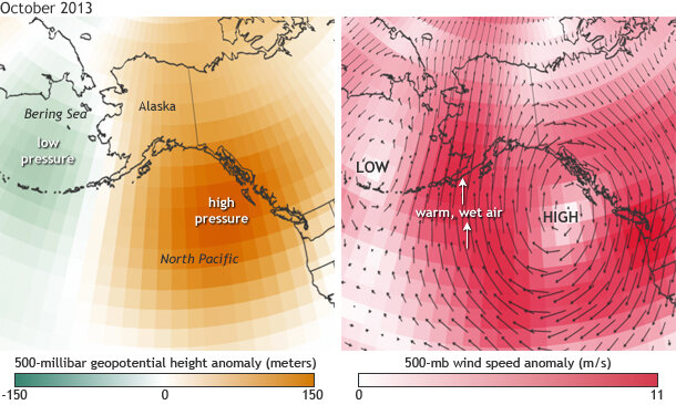 October 2013 Alaska North Pacific map pressure anomaly and wind pair