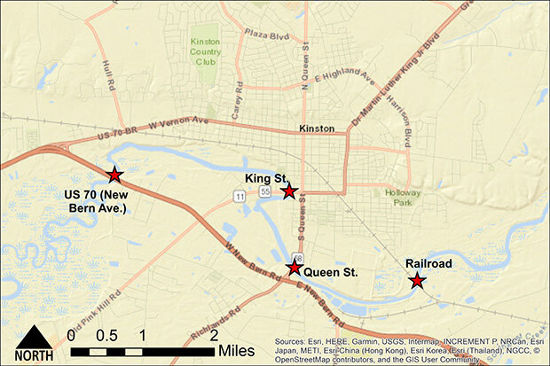 Map of Neuse River bridges in Kinston, NC