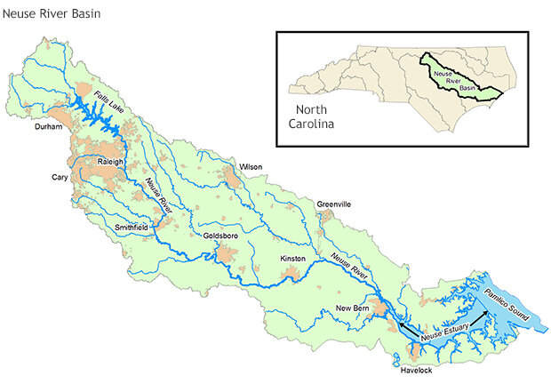 map showing major towns and rivers in the Neuse River watershed