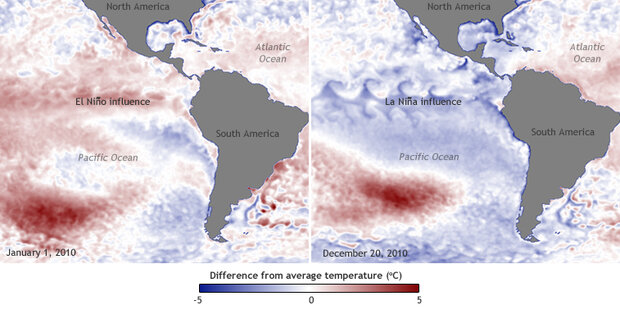 two maps of tropical Pacific comparing temperatures during La Niña and El Niño