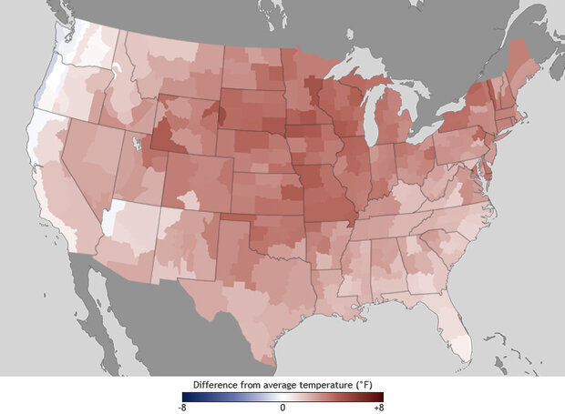 Map of temperature anomalies in the contiguous U.S. for 2012