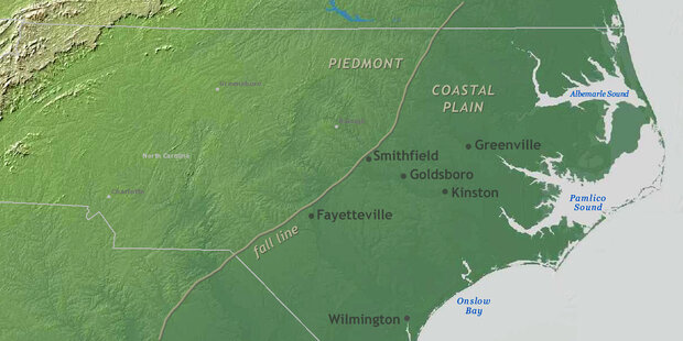 Digital elevation model map of North Carolina showing the fall line that separates the Piedmont and the Coastal Plain