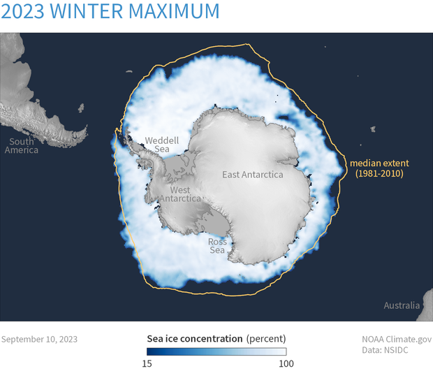 Map of sea ice concentrtion around Antarctica in winter 2023