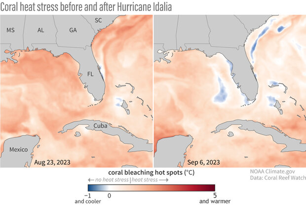 Coral bleaching hot spots before and after Hurricane Idalia