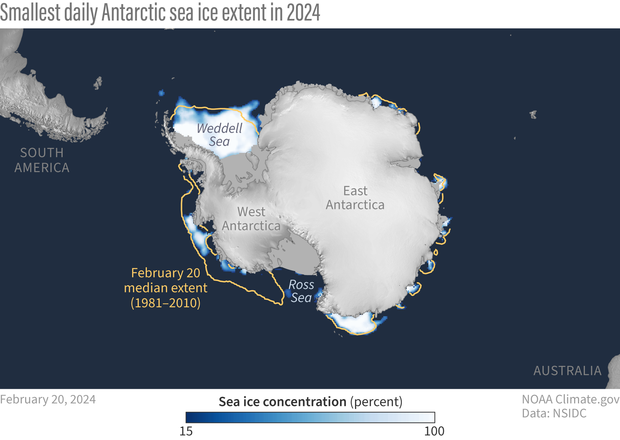 Map of Antarctic sea ice minimum, February 2024