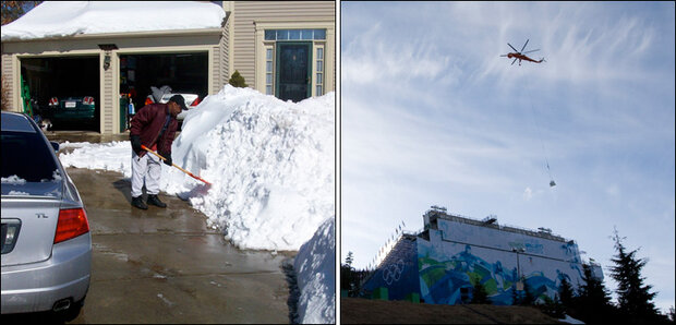 Pair of photos showing someone clearing snow from a driveway, while the other shows a helicopter importing snow to be used in the 2010 Winter Olympics.