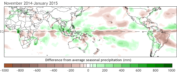 Image of observed precipitation from November 2014–January 2015, compared to the long-term average (in mm).