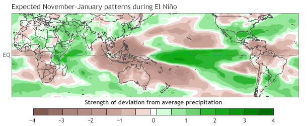 Image of geographic pattern of deviation from average precipitation expected for November-January during El Niño, based on a statistical analysis of data from 1981 to present.