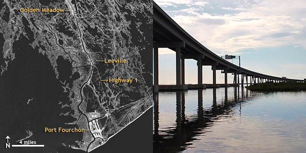 Map of LA-1 highway through lower Louisiana, and a side view of the new elevated bridge