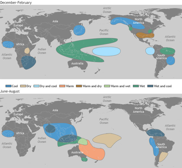 Maps of typical global climate impacts of La Niña events in summer and winter.