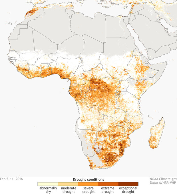 Map of drought across southern Africa in 2016.