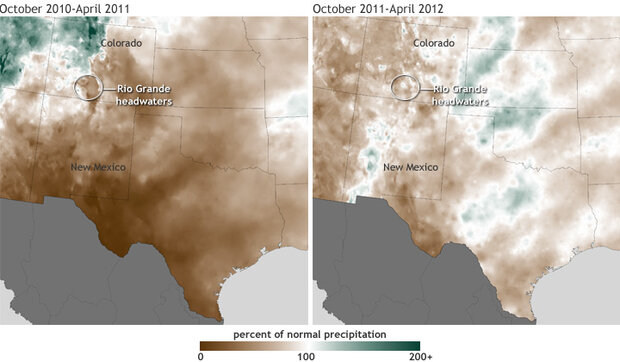 Image of snowmelt from the Rocky Mountains in southern Colorado, October 2010-April 2011 and October 2011-April 2012