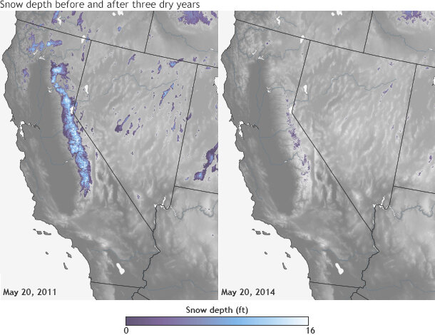 Two maps show snow depth as of May 20, 2011, and after three consecutive dry years on May 20, 2014. Based on modeled snow depth data from the NOAA National Weather Service's National Operational Hydrologic Remote Sensing Center (NOHRSC) Snow Data Assimilation System (SNODAS).