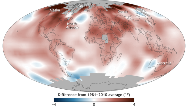 Global map of surface temperatures in 2016 compared to the 1981 to 2010 average.