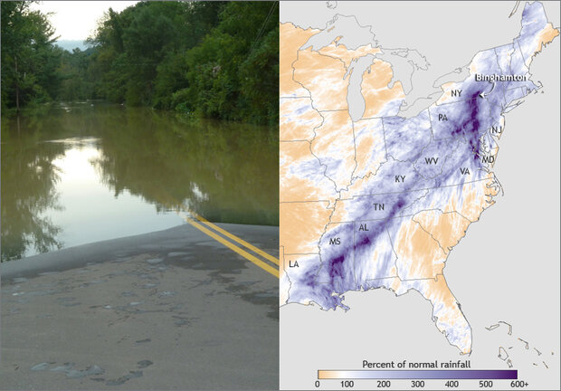 Two-panel image showing a flooded road at left and a map of rainfall amounts over the eastern U.S. on the right