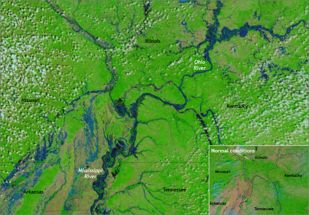 False-color satellite image showing flooding along Mississippi RIver
