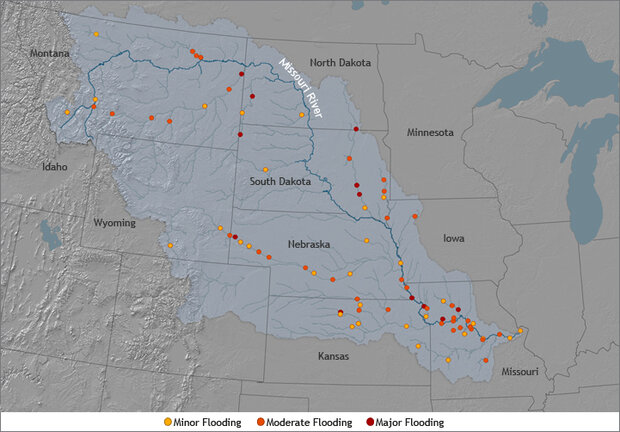 Map of Upper Missouri River Basin with dots showing places in flood