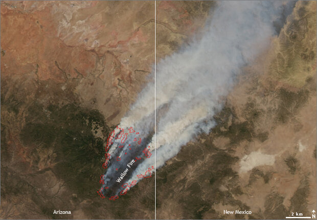 Photo-like satellite image of fires and smoke in Arizona and New Mexico
