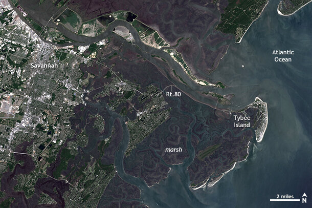 Satellite image of water encroaching on land