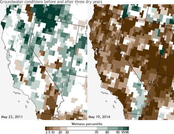 Difference maps show water stored in underground aquifers on May 23, 2011, and on May 19, 2014 compared to historic range of 1948 to 2009