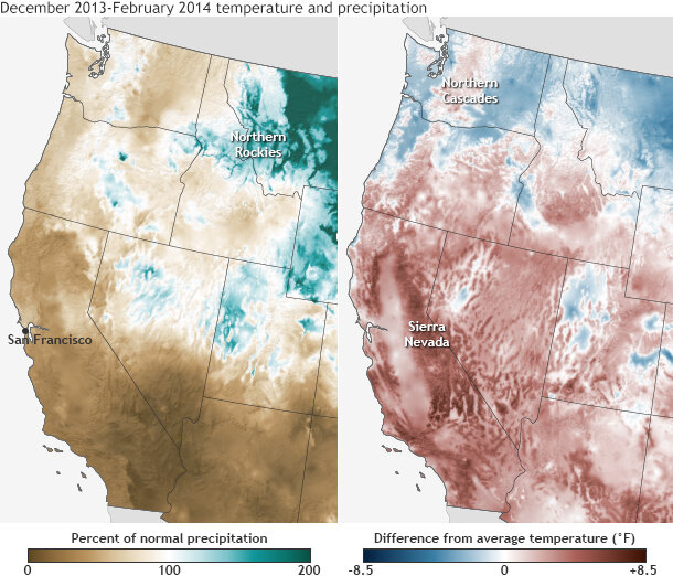 Winter 2013-14 precipitation (left) and temperature (right) compared to the 1981-2010 average, based on PRISM data. large maps: temperature | precipitation