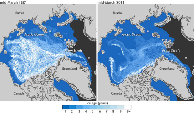 Pair of maps comparing age of Arctic Sea ice in March of 1987 and 2011. 