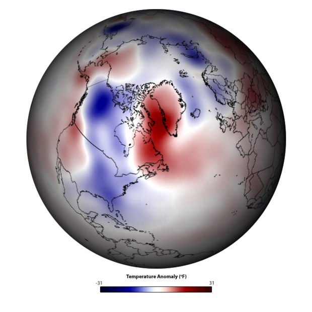 Globe of the Northern Hemisphere showing temperature anomaly patterns. 