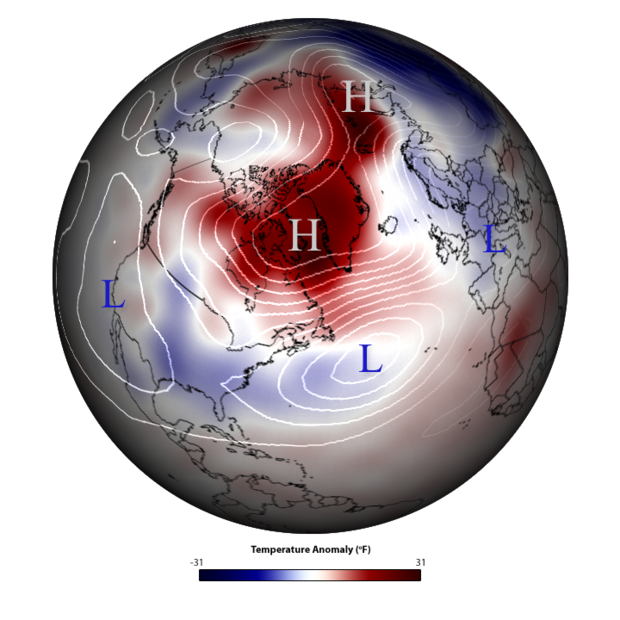Globe of the Northern Hemisphere showing temperature anomaly and pressure patterns indicative of the negative phase of the Arctic Oscillation.