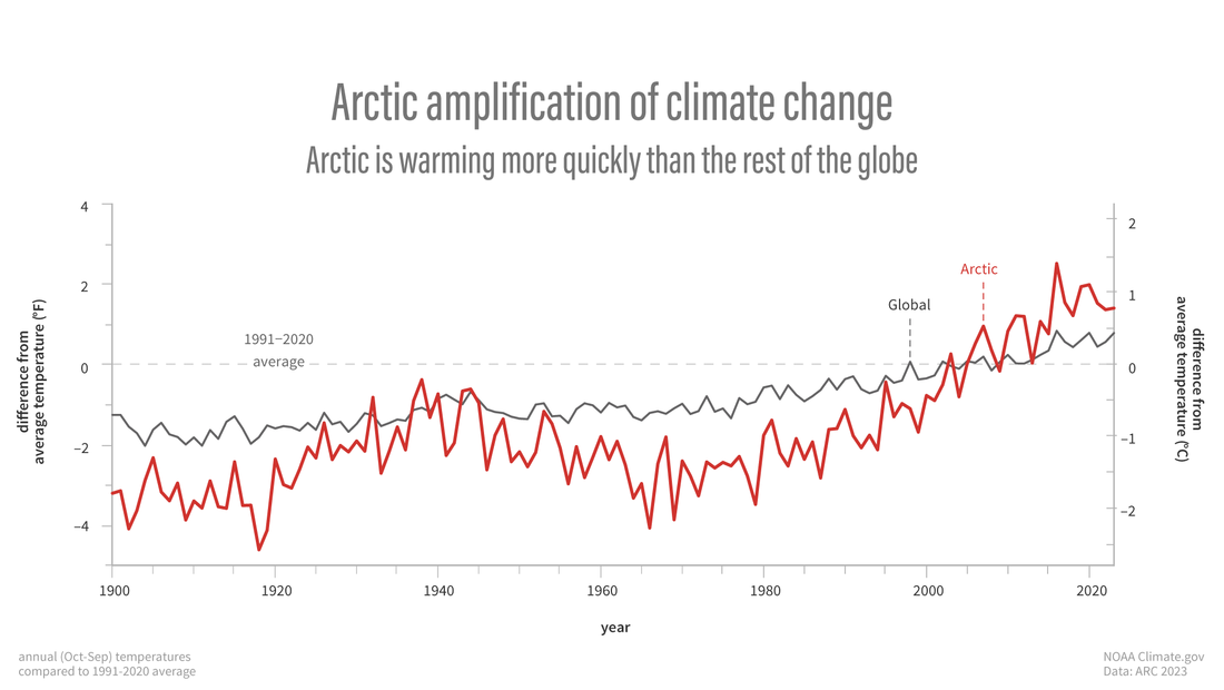 Time series graph of Arctic versus global temperature