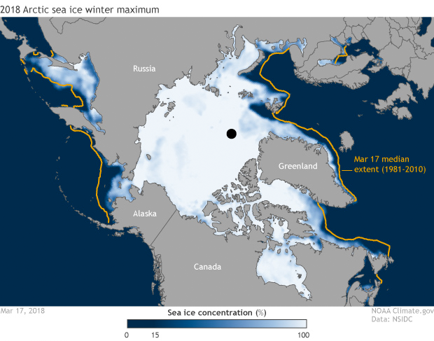 Mapa polar mostrando a concentração de gelo do mar Árctico no máximo de Inverno em Março de 2018