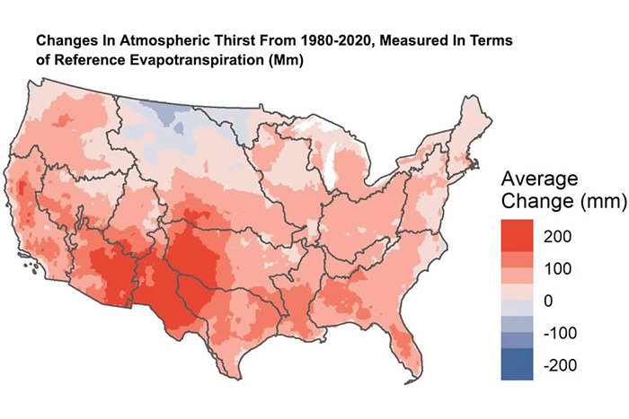 Evaporative demand increase across lower 48 means less water supplies, drier vegetation, and higher fire risk