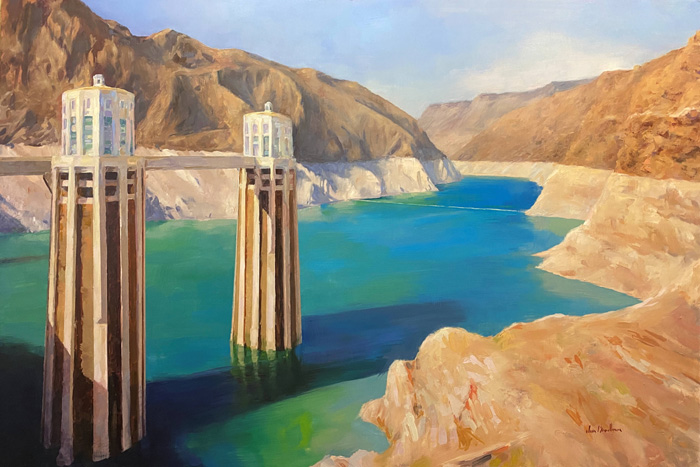 Digital image of an oil painting showing Lake Mead, looking upriver from the dam